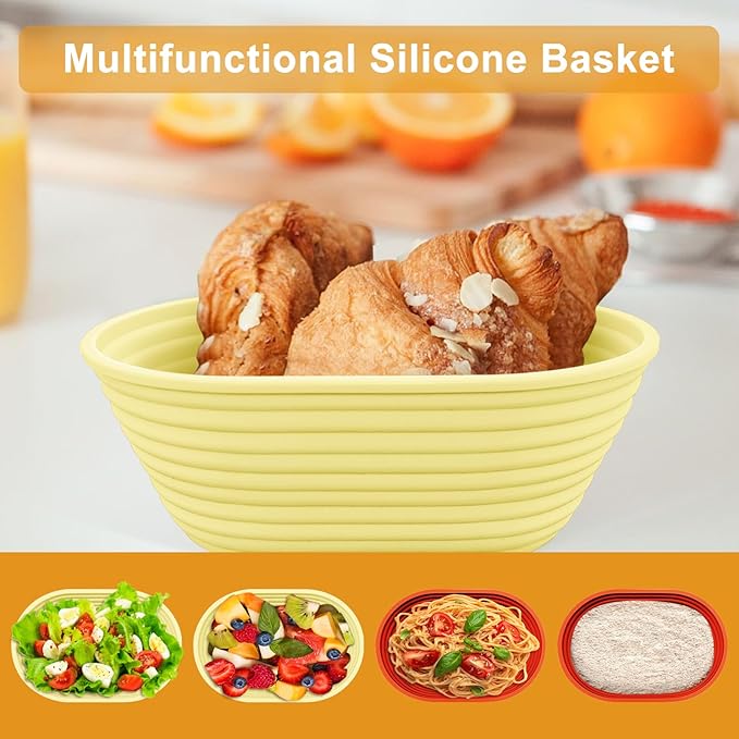 Silicone Banneton, Sourdough Bread Baskets (Set of 6, 6.5 Inch), Oval Proofing Bread Bowls with Starter Kit, Bread Making Baking Supplies