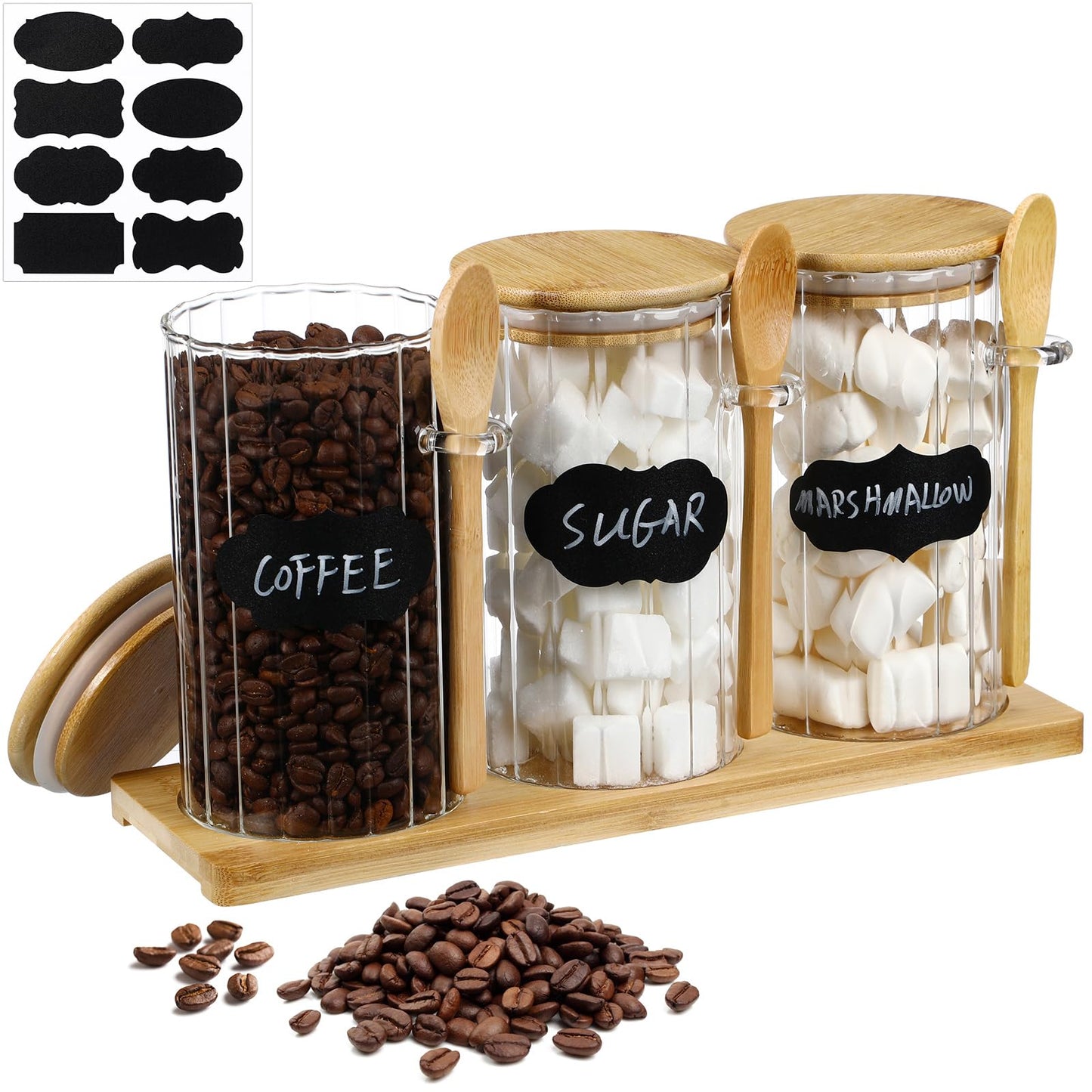 Yiyiring Set of 3 Glass Coffee Container with Bamboo Lids Spoons Labels 25 oz Clear Airtight Jar
