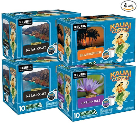 Kauai Coffee K-Cup Pods for Keurig Brewers – Arabica Coffee, 10% Hawaiian – Mild, Medium and Dark Roast, Rich, Smooth, No Bitterness – Three Flavors, 4 Packs of 10 Single Serve K-Cups