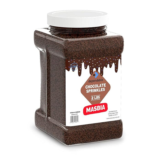 Dependable Food Chocolate Sprinkles - 2 Lb. Bulk Container - Gluten-Free, Kosher, Brown Jimmies for Cake Decorating, Cupcakes & More - Resealable Jar
