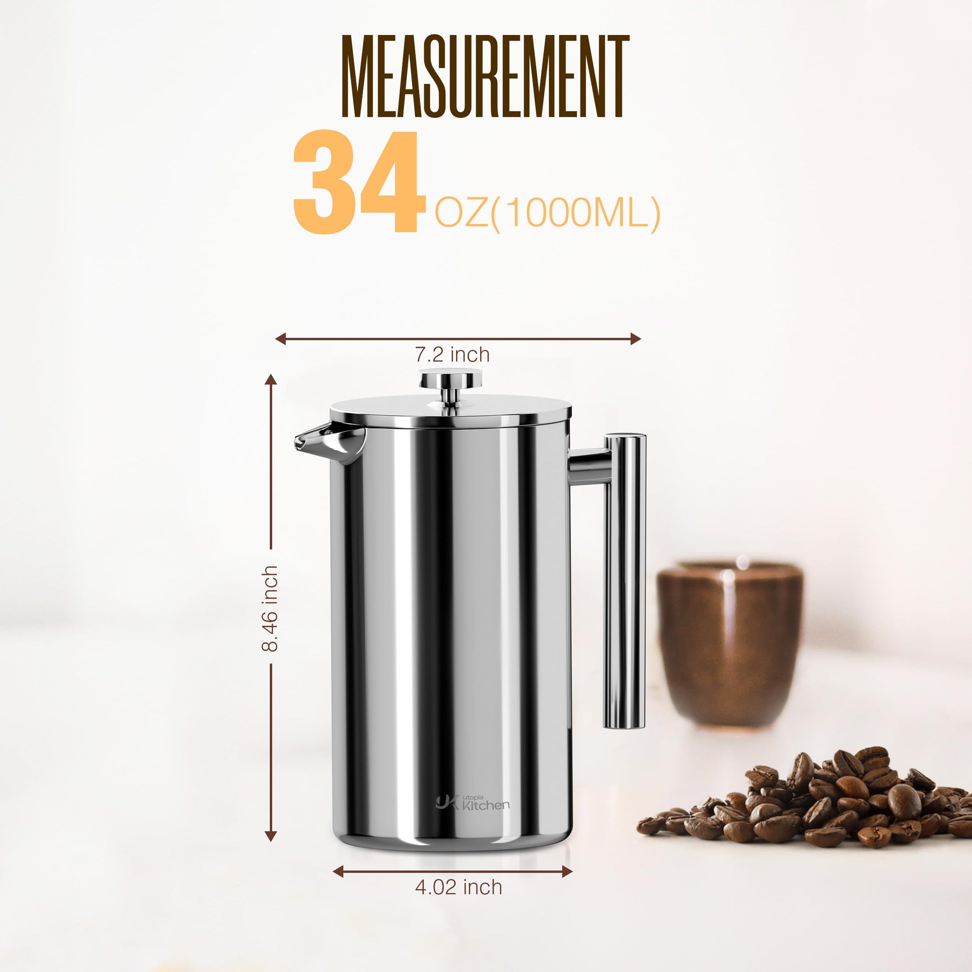 Utopia Kitchen 304 Grade Stainless Steel French Press 34 Oz, Silver