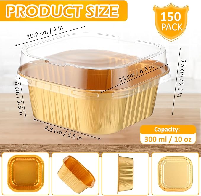 Aoriher 150 Pieces 10 oz Mini Cake Pans with Lids Aluminum Foil Baking Cups Square Disposable 4" x 4" Large Cupcake Cups Baking Tins for Kitchen Brownie Pudding Desserts Holders(Gold)