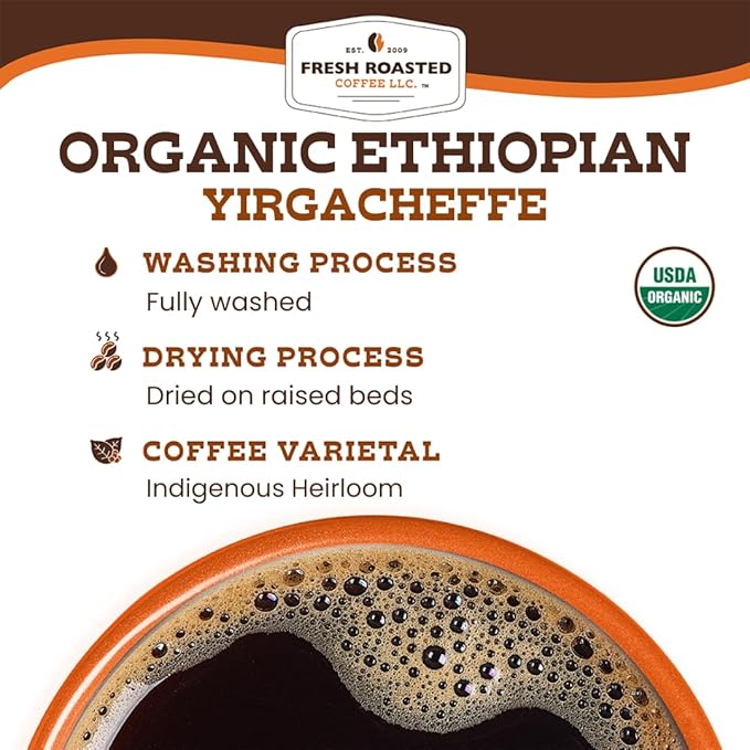 Fresh Roasted Coffee, Organic Ethiopian Yirgacheffe | USDA Organic, Mold & Myco 3rd Party Tested, Kosher | 5 lb (80 oz) Whole Bean