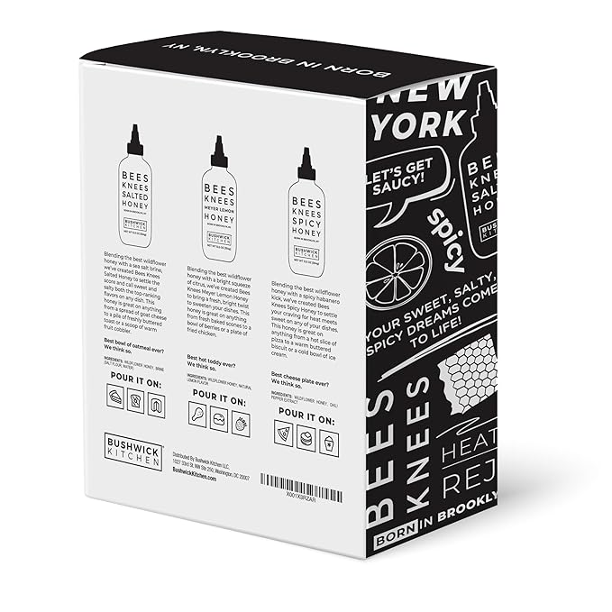 Bushwick Kitchen Bees Knees Honey Sampler Gift Box, Set Includes Spicy Honey, Meyer Lemon Honey, Salted Honey Sauces, Honey Inspired Recipes, Bushwick Kitchen Tea Towel, and Ready-to-Gift Box