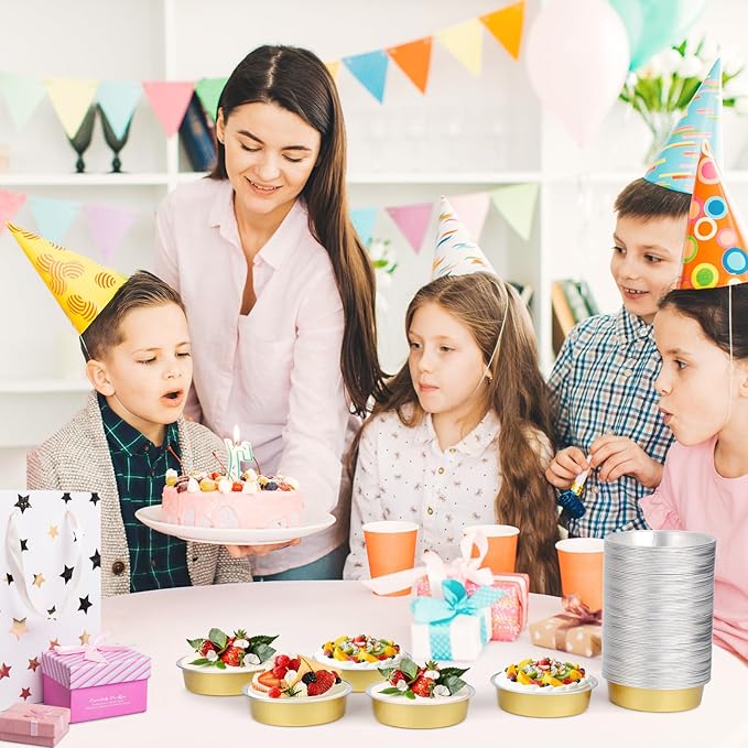 Beasea Aluminum Ramekins 100 Pack, 7.3oz 215ml Disposable Ramekins Foil Cups No Lids 4" Baking Ramekin Cup Cupcake Aluminum Mini Baking Cups for Party - Golden
