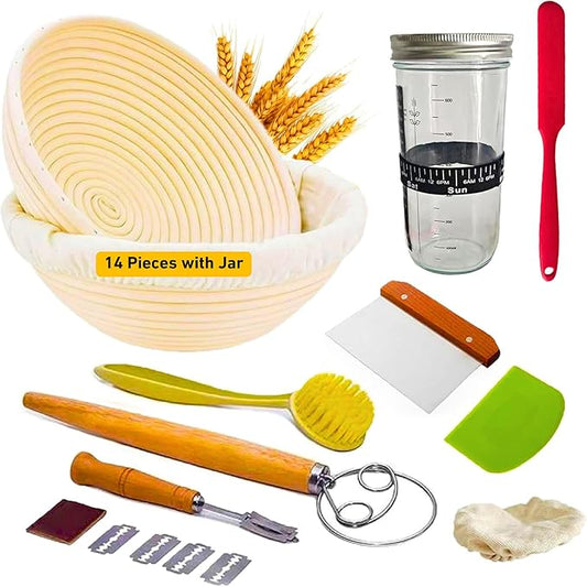 Sourdough Bread Proofing Basket Set ??9 inch Round Oval Banneton Baskets with Bread Lame, Dough Whisk, Scraper & Liners ??Bread Making Kit & Sourdough Starter Supplies