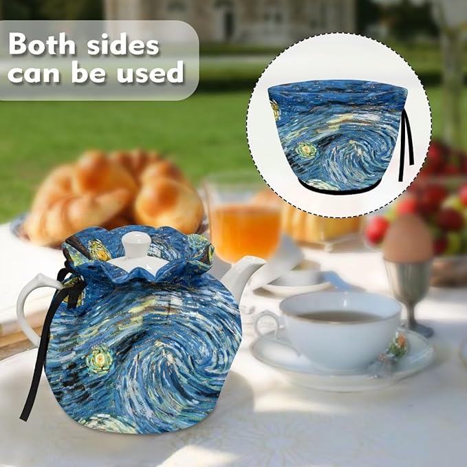 Starry Night Oil Painting Tea Pot Cosy Dust Proof Insulating Tea Pot Cozies for Teapots Kitchen Accessory Home Table Decorative Breakfast Warmer Teapot Cozies