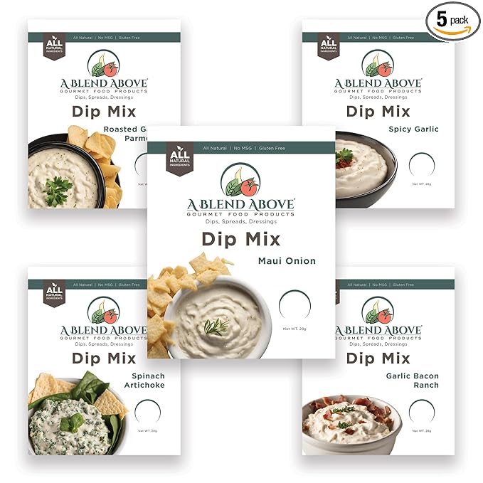A Blend Above Dip Mix 5 Pack Includes Roasted garlic Parmesan, Maui Onion, Garlic Bacon Ranch, Spicy Garlic, and Spinach Artichoke, Gluten-Free, No MSG, All Natural, No Preservatives, Vegetable Dip, Keto Friendly, Low Carb, Low Sodium, Easy to Make