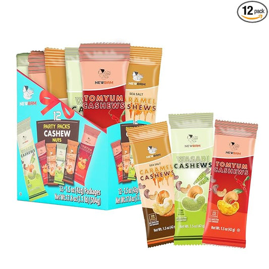 NEWBAM Mix Cashews Variety Packs (Wasabi, Tom Yum, Sea Salt Caramel) - 12 Cashew Snack Packs Roasted Nuts (1.5oz Each) ??Keto, Vegan, Gluten-Free - Healthy Snacks for Trail Mix, Office, or Party