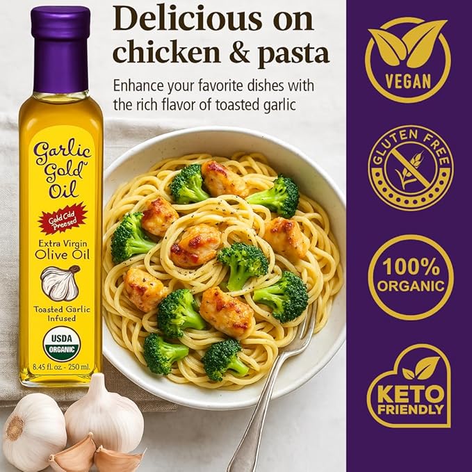 Garlic Gold Extra Virgin Olive Oil Infused with Garlic, Premium Certified USDA Organic, Low FODMAP, Cold Pressed (250 mL, 6 Pack)