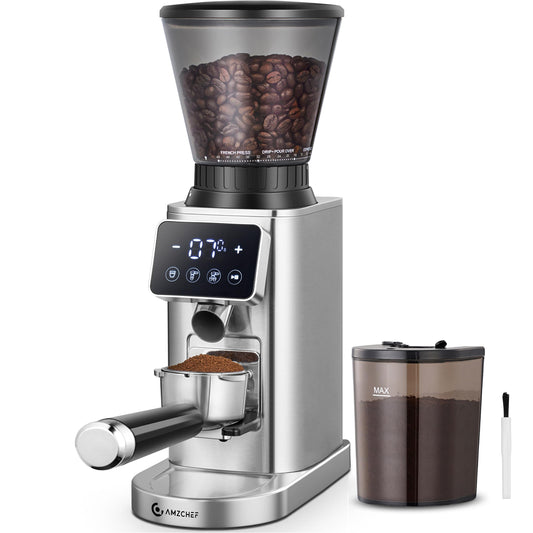 AMZCHEF Burr Coffee Grinder, 48 Settings, Less Static Mess, Metallic Silver