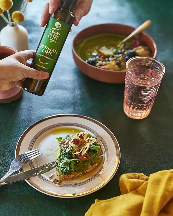 Persian Lime Balsamic Vinegar - Gourmet Barrel Aged Infused Balsamic Vinegar - Great for Dressing Dipping Glazing - No Artificial Flavors or Added Sugar - Made in Texas (8.5 Fl Oz)