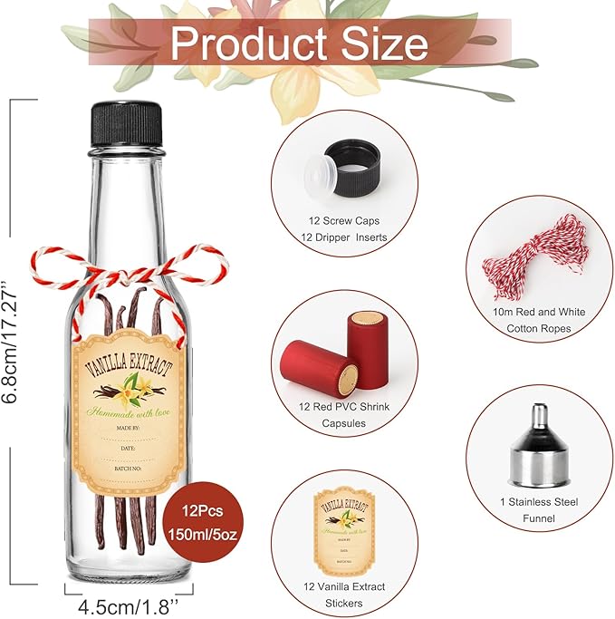 DHSBTLS 12 PCS 5 oz Vanilla Extract Bottles 150 ml Hot Sauce Glass Bottle with Leak Proof Screw Cap,Funnel, Clear Oil Bottle for Kitchen, Home Brewing Wine, Juicing Bottles for Bordeaux Wine, Beverage