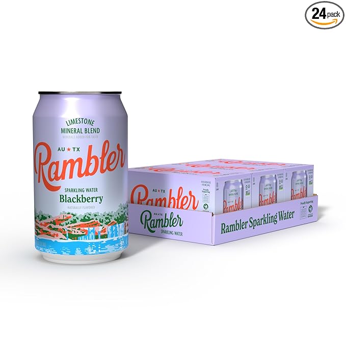 AUTX RAMBLER Sparkling Water, Texas Limestone Mineral Blend, Blackberry Flavor, 12-Ounce Cans, Three 8-Packs (24 Cans)