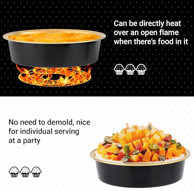 Beasea Aluminum Ramekins 200 Pack, 4" 7.3oz 215ml Disposable Baking Foil Cups Mini Ramekin Cup No Lids Cupcake Aluminum Baking Cups for Party - Black Gold