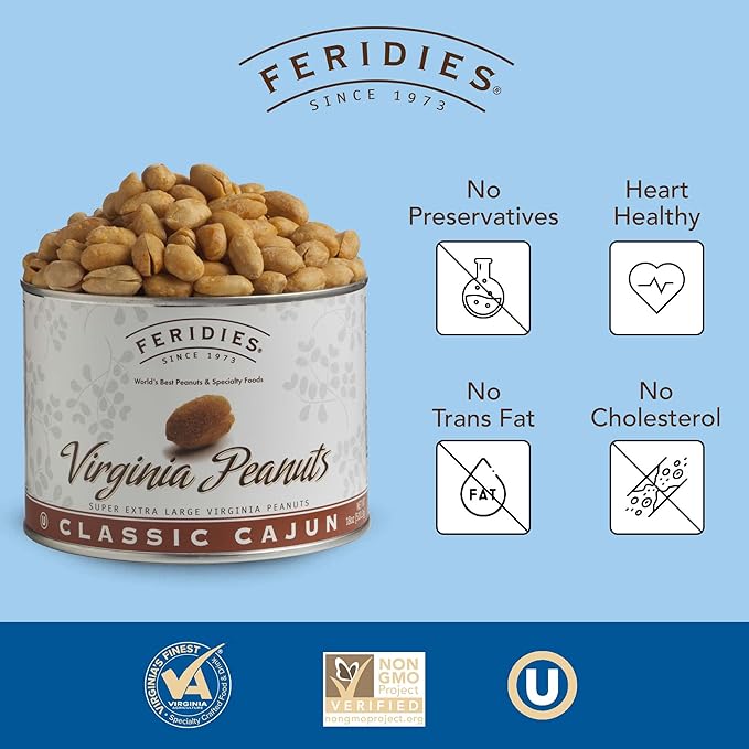 FERIDIES Cajun Virginia Peanuts, Super Extra Large, Spicy Snacks with Secret Seasoning, Gluten Free, 18oz Can 18 Ounce Cajun
