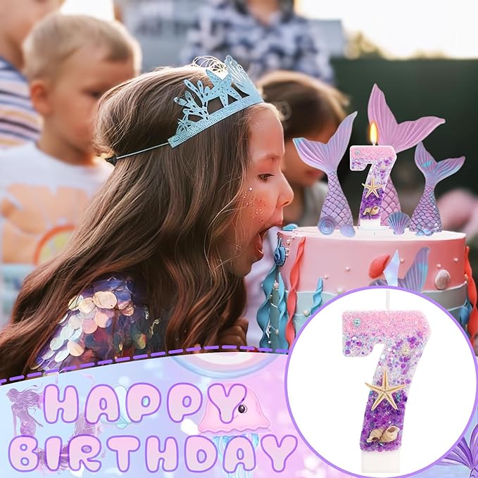 Purple Mermaid Party Number 7 Cake Candles, 2.76 inch Birthday Candle, Cake Topper Decoration for Birthday Party (Number 7)