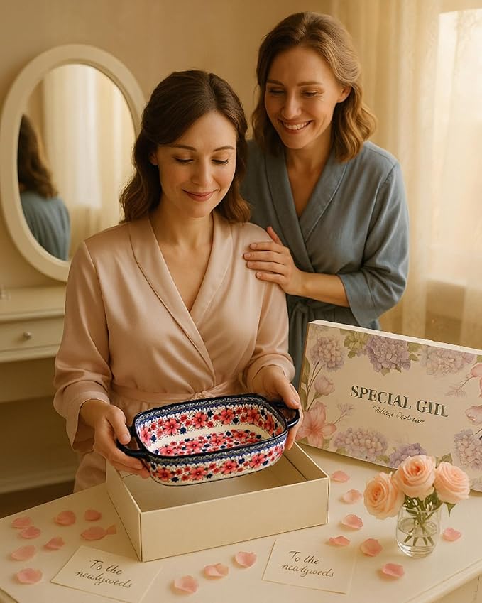 Ceramic Baking Dish Set of 2 ??Decorative Polish Pottery Style Casserole Dishes with Handles, Cute Oven-Safe Lasagna Bakeware Gift Set