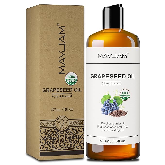 Organic Grapeseed Oil for Skin & Hair 16 oz, USDA Certified 100% Pure & Natural Grape Seed Oils, Cold Pressed Body Massage Carrier Oil for Skin Face Essential Oils Mixing, Hexane Free