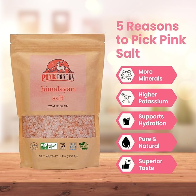 Pink Pantry Himalayan Pink Salt, 100% Pure Himalayan Salt, Non-GMO, Kosher Certified, No Additives, Ideal for Cooking, Seasoning & Gourmet Dishes, Rich in Trace Minerals, 2lb Pouch, Coarse Grain