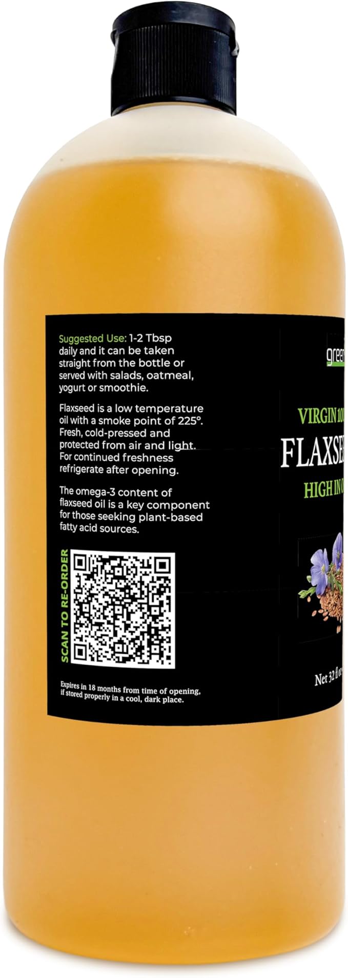 GreenIVe Flax Seed Oil Organically Grown100% Pure Cold Pressed High Vegan Omega Fatty Acids Gluten-Free (32 Fl Oz)