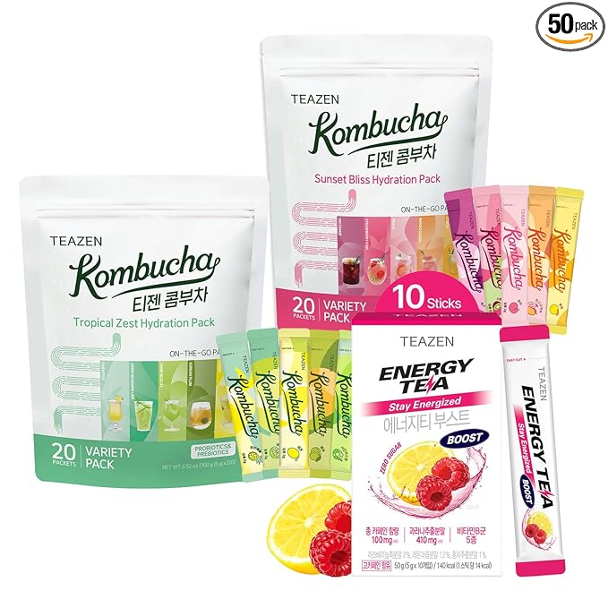 TEAZEN Kombucha Variety Pack 40 Stick & Energy Tea Boost Powder 10Stick