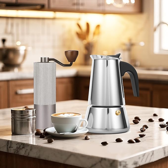 Moka Pot, 4 Cups (7.1 oz) Stovetop Espresso Maker, 304 Stainless Steel Moka Pot, Induction Compatible, Silver
