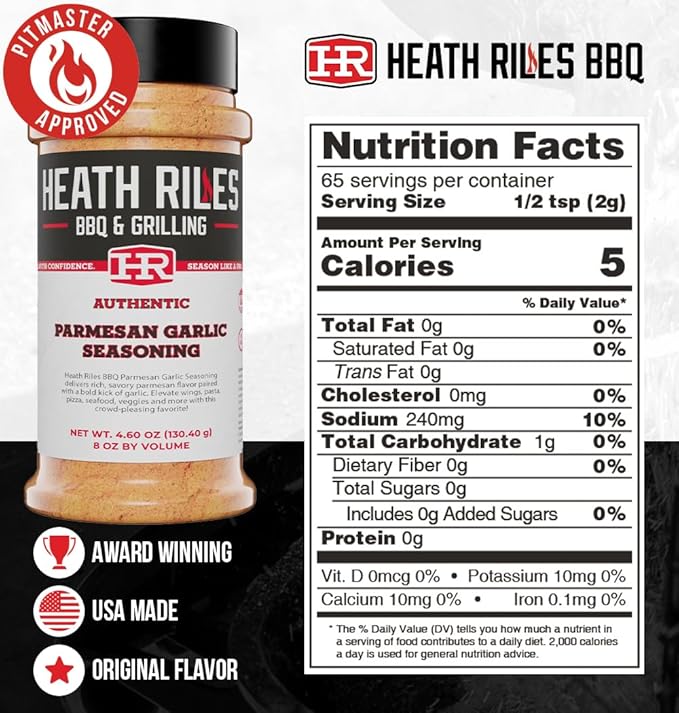 Heath Riles BBQ Rub - Parmesan Garlic Seasoning, Champion Pitmaster Recipe, Legendary Rubs For Smoking & Grilling, 70+ BBQ Championships, 8 oz.