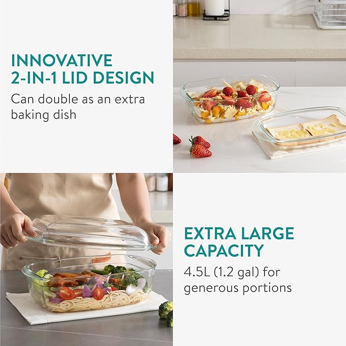 Navaris Rectangular Glass Casserole Dish - 4.5L Capacity for Heat and Cold - Oven Proof Casserole Dishes with Lids - Hob to Oven Ideal for Baking and Serving - Microwave Cookware