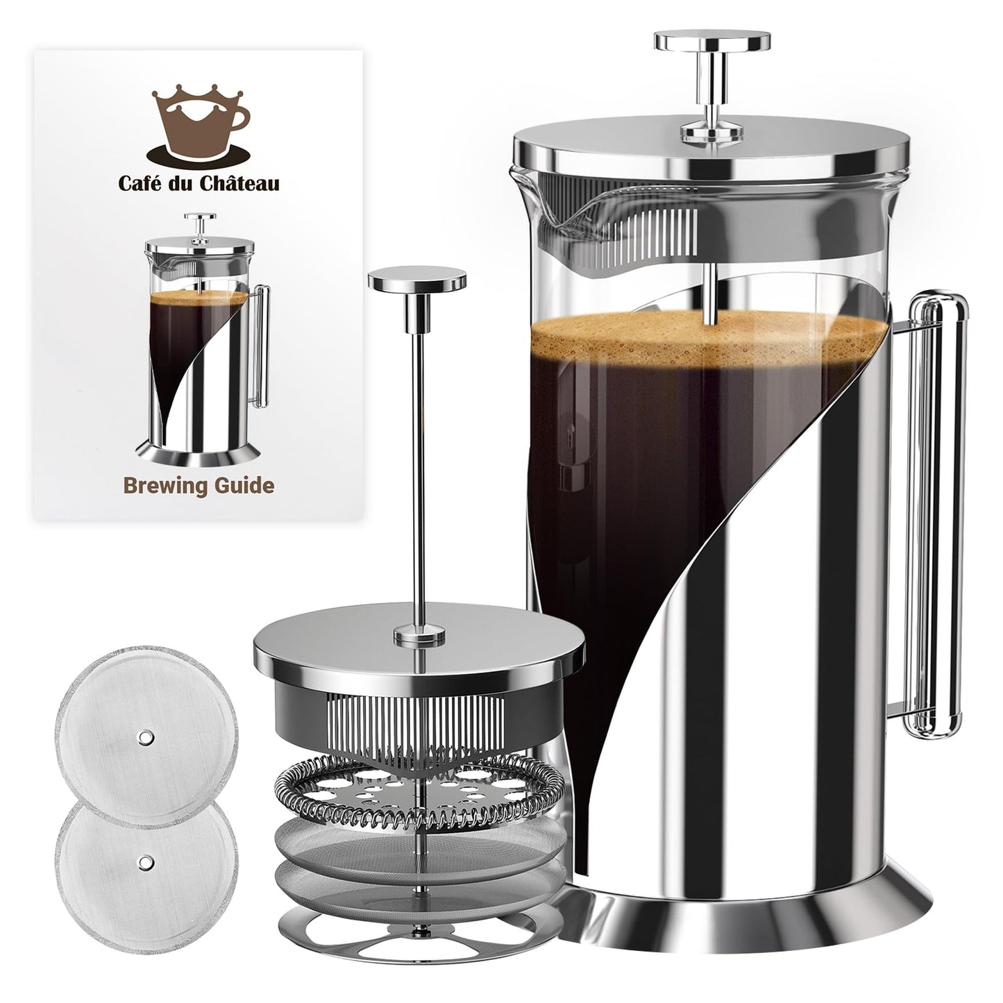Cafe Du Chateau French Press Coffee Maker, 34 oz Glass, Stainless Steel