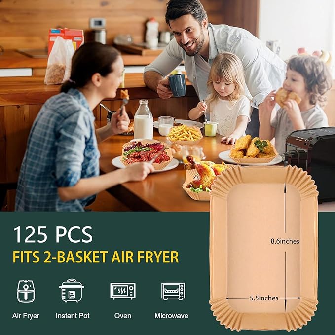 Air Fryer Disposable Paper Liners for Ninja Dual Airfryer Accessories, Non-Stick Parchment Rectangular for Baking, Oil Proof, Water Proof, for Microwave Oven (125PCS, 8.6in x 5.5inç«?,<div>