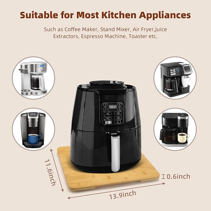 360째 Rolling Tray Bamboo Appliance Slider for Kitchen Appliances, Coffee Maker Mat Tray for Countertops Sliding Tray for Coffee Maker Appliances Mat Easily from Under The Cabinet Natural11.6횞13.9