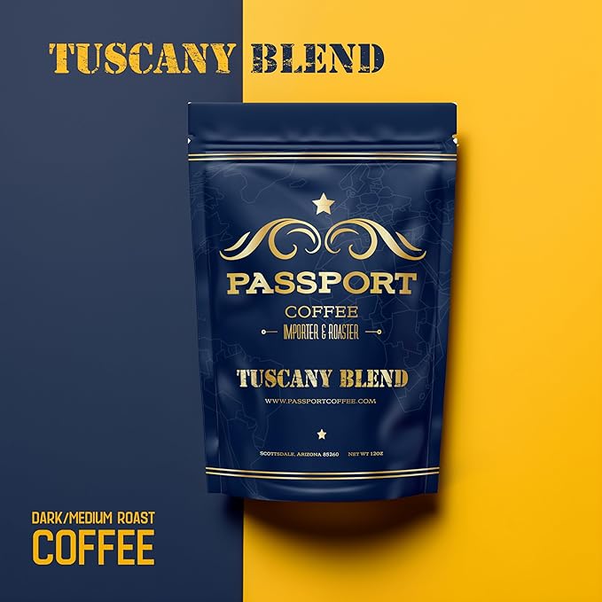 Passport Coffee Tuscany Blend - Medium & dark roast blend from Sumatra, Guatemala & Ethiopia. Flavor notes of caramel and rich chocolate. Premium whole bean coffee, 12oz Bag