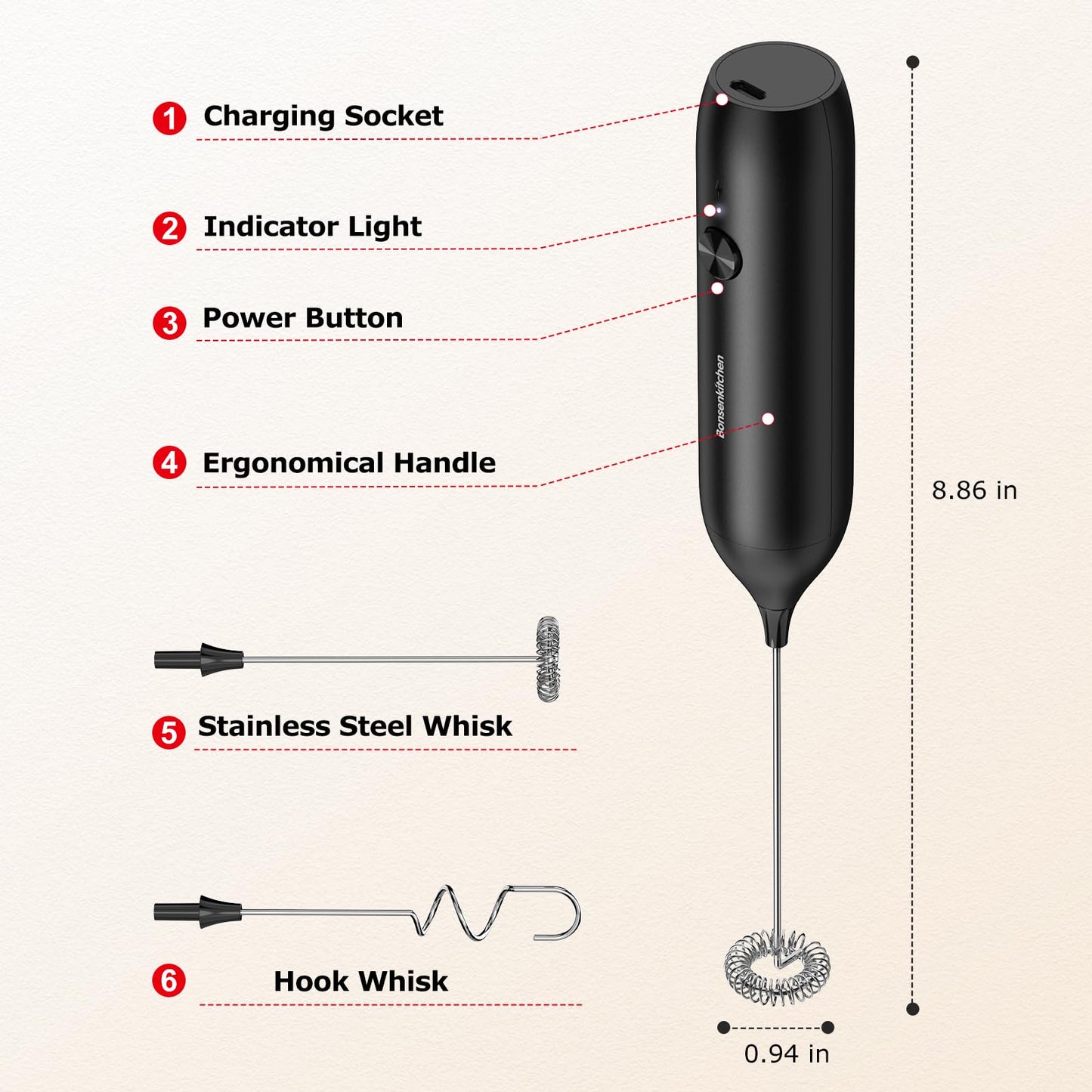 Bonsenkitchen Rechargeable Milk Frother Handheld, Charging USB-C