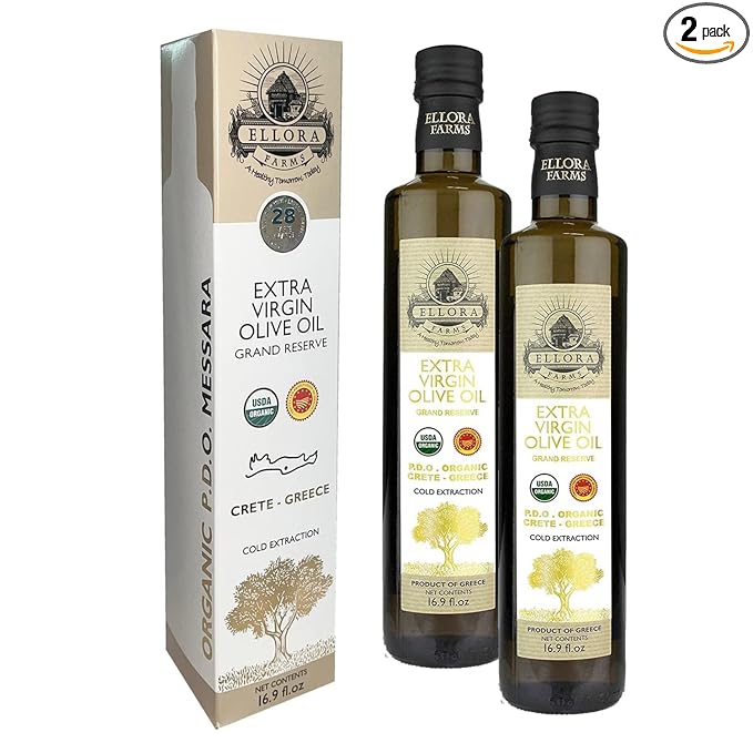 Ellora Farms, Organic Extra Virgin Olive Oil, PDO Messara, Greek Single Estate, High Polyphenol, Cold Press, Traceable & Kosher, 17 FL oz, Pack of 2
