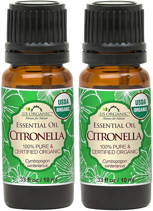 US Organic Citronella Essential Oil, USDA Certified, 100% Pure, 10 ml Pack of 2, Improved caps and