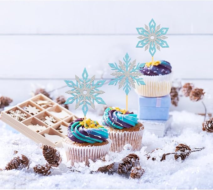 24PCS Glitter Snowflake Cupcake Toppers for Snowflake Decorations, Frozen Snowflake Cake Topper, Christmas Snowflake Cake Picks for Winter Decorations (Mix Blue)
