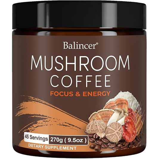 Mushroom Coffee, 6 Adaptogenic Mushrooms with Lion's Mane, Cordyceps, Turkey Tail & More, Instant