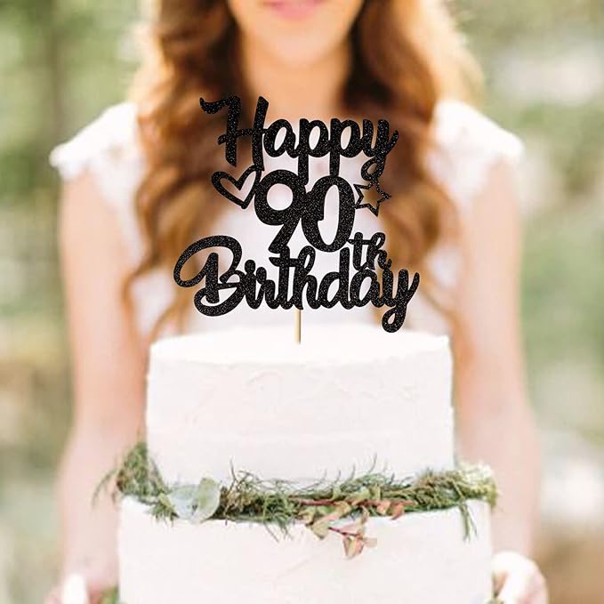 1 Pack Happy 90th Birthday Cake Topper Glitter Heart Star 90 Fabulous Cake Pick Birthday Sign Cake Decorations for Children 90th Birthday Theme Party Supplies Black