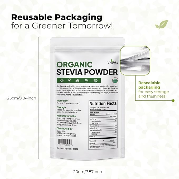 Viccoky Organic Stevia Powder, Pure Stevia Extract, Sugar-Free & 0 Calories, No Additives, Sugar