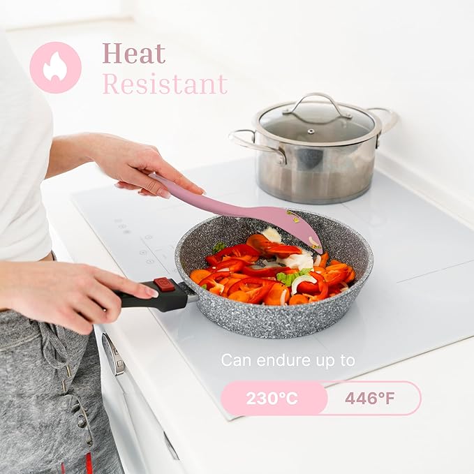 Silicone Utensils 4-Piece Set ??Rubber Spatula, Pastry Brush, Slotted Turner, and Rice Paddle ??Complete Heat-Resistant Set for Non-Stick Cookware ??Kitchen Tools for Cooking and Baking ??Pastel Pink