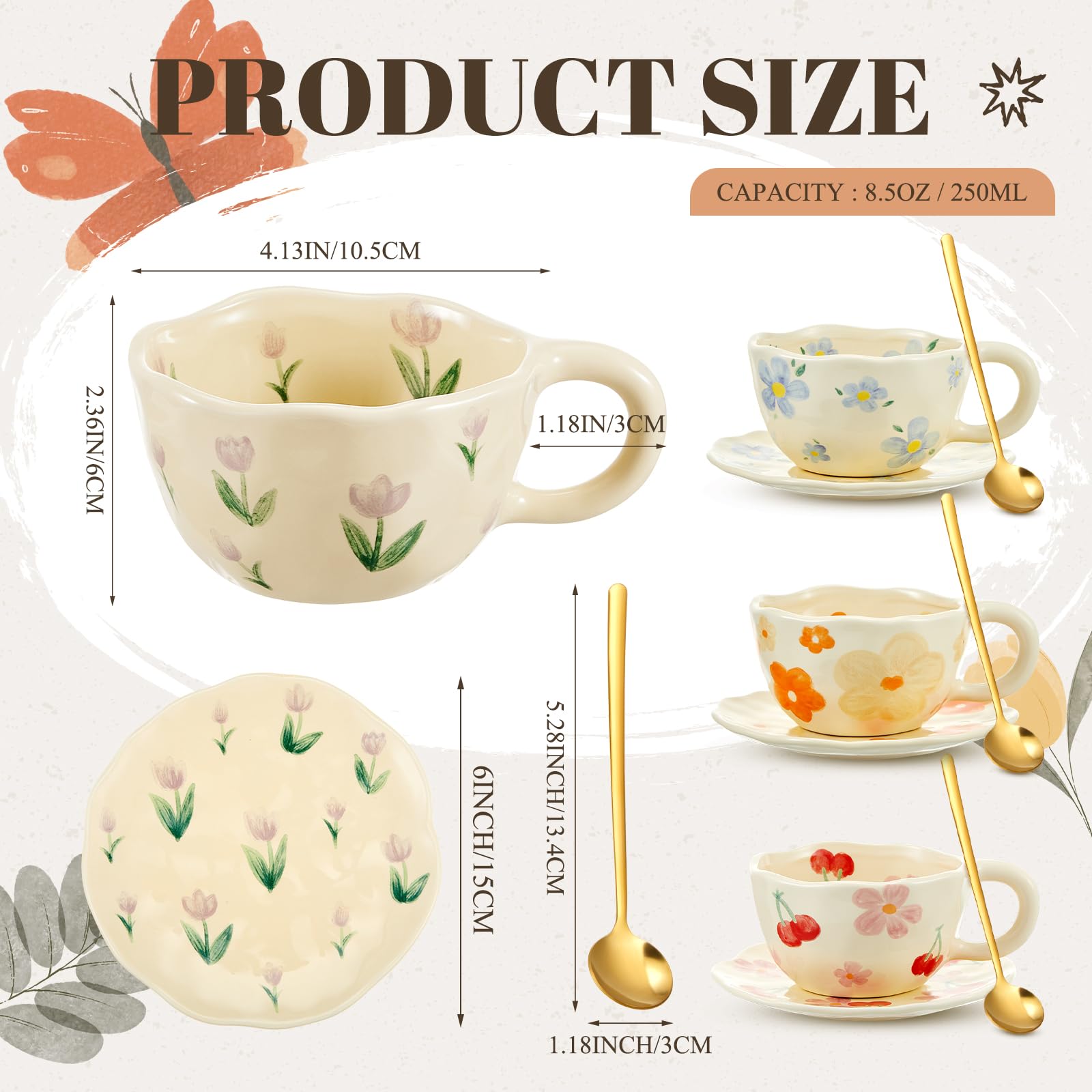 Vesici 4 Set Ceramic Coffee Mug Set with Saucer and Spoon Cute Mothers Day Gifts for Mom 8.5 oz