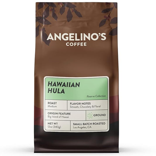 Angelino's Coffee Hawaiian Coffee Ground - Medium Roast Hawaiian Blend with Chocolaty Notes & Floral Undertones, 12oz - Premium Coffee Beans Ground for Freshness