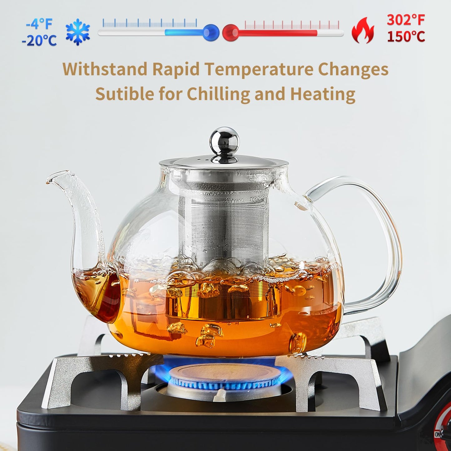 DOPUDO 40OZ (1200ML) Glass Teapot with Infuser Stovetop Safe, Clear Glass Tea Pot Kettle