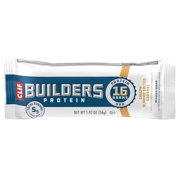 CLIF BUILDERS Protein Bars - Crispy Almond Salted Caramel - Reduced Sugar - Gluten Free - 16g Protein - No Artificial Sweeteners - 1.97 oz. (6 Pack)