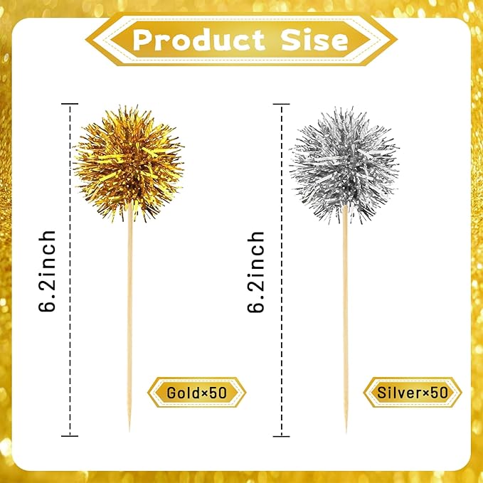 MEMOVAN Foil Firework Cupcake Toppers 100PCS Sparkle Tinsel Cake Toppers Tinsel Drink Stirrer Gold Silver Cake Cupcake Decoration Cocktail Picks for Birthday Wedding Graduation Party Sipplies