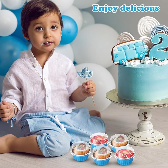 Gejoy 400 Pcs Aluminum Foil Baking Cups with Lids 5 oz Disposable Ramekins Mini Cake Pans Creme Brulee Cupcake Liners Muffin Tins Flan Mold Dessert Container for Wedding(Ocean Blue,Classic)