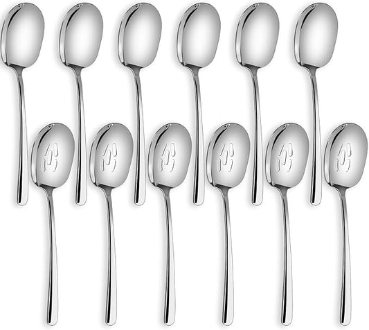 SOLEADER Extra Large Serving Spoons Set of 12,Foodgrade 18/8 12 Inch Stainless Steel Slotted Spoon and Serving Spoon,Buffet Serving Utensils,Spoons Silverware,Cooking Spoon,Pasta Spoon,Mixing Spoon