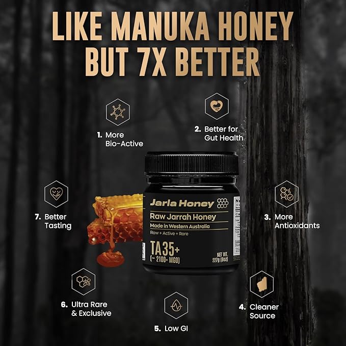 Jarla Honey Australian Jarrah Honey TA35+ = Manuka MGO 2100+ | Low GI | Stronger than Manuka Honey | Raw Cold Pressed Unfiltered | From Ancient Forests of Western Australia (8oz/227g)