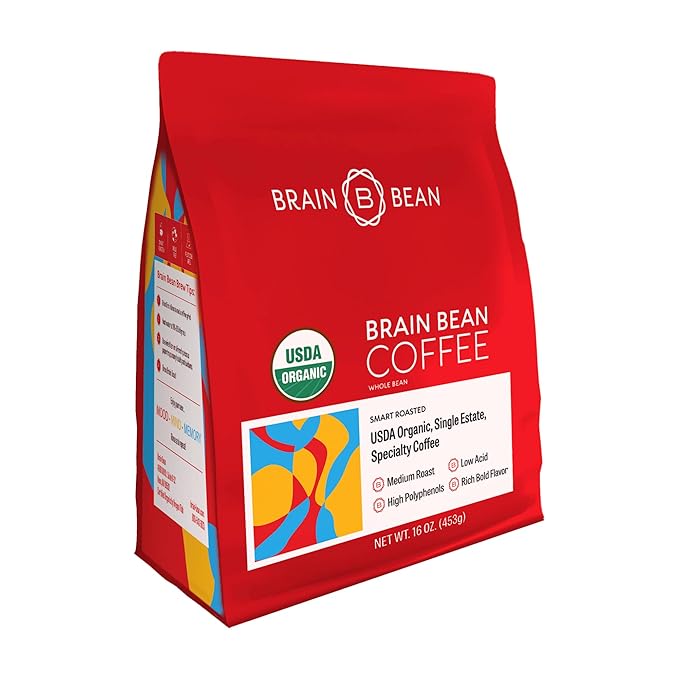 Brain Bean Organic Coffee ??Smooth Taste & Rich Medium Roast ??High Antioxidant & USDA certified organic for Cognitive Support, Mood Enhancement & Toxin Removal - Whole Bean Coffee ??16 oz (1-Pack)